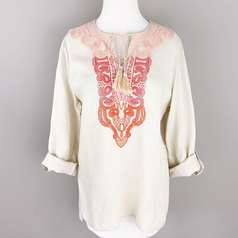 Symple Linen Embroidered Khaki Tunic Top Small